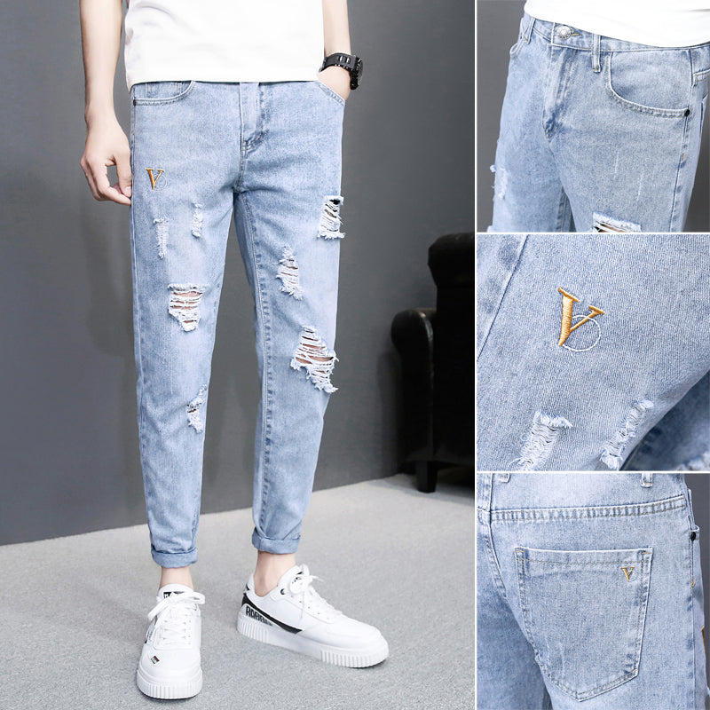Men Autumn Black Ripped Ankle Jeans