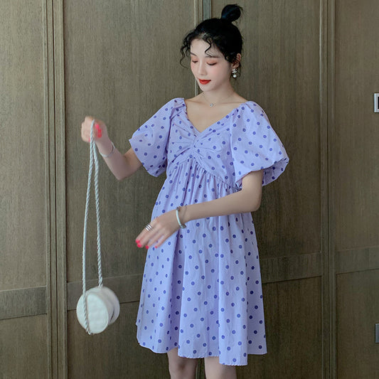 Summer Cotton Wavelet Dots V-Neck Maternity Dress