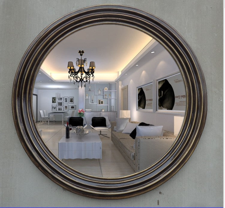 bathroom vanity, round mirror