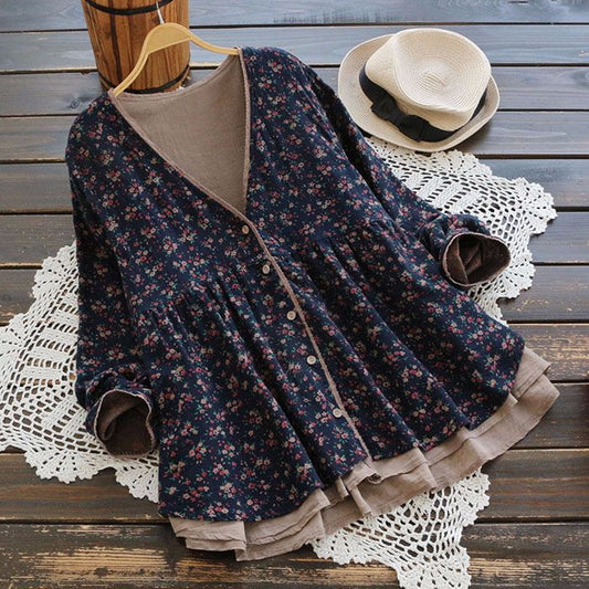 Small Floral V-neck Fake Two Long-sleeved Loose Large Blouses