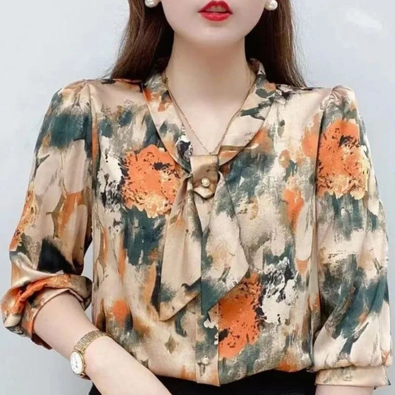 Chiffon Half Sleeve Bow Tie Collar Printed Summer Blouses