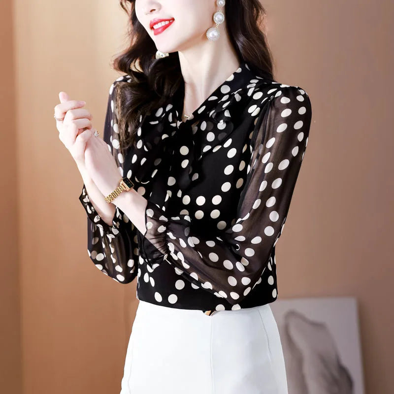 Chiffon Long Sleeve Bow Tie Collar Polka Dot Printed Blouses