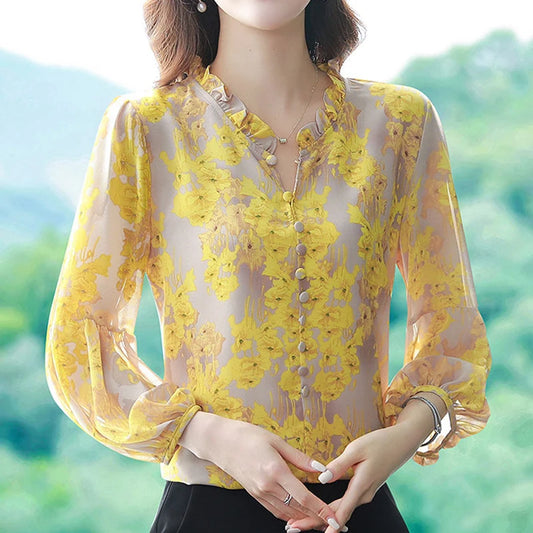 Floral Loose Round Neck Long-Sleeved Button Top