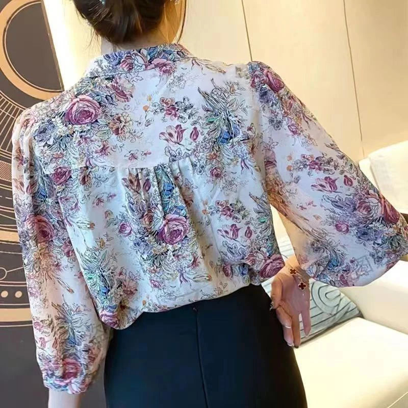 Floral Loose Round Neck Long-Sleeved Button Top