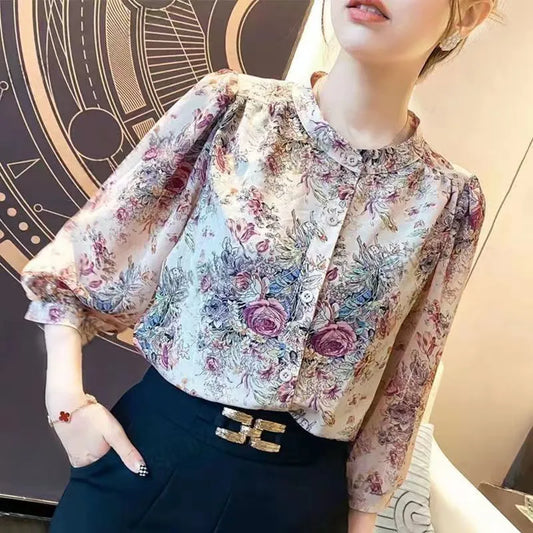 Floral Loose Round Neck Long-Sleeved Button Top