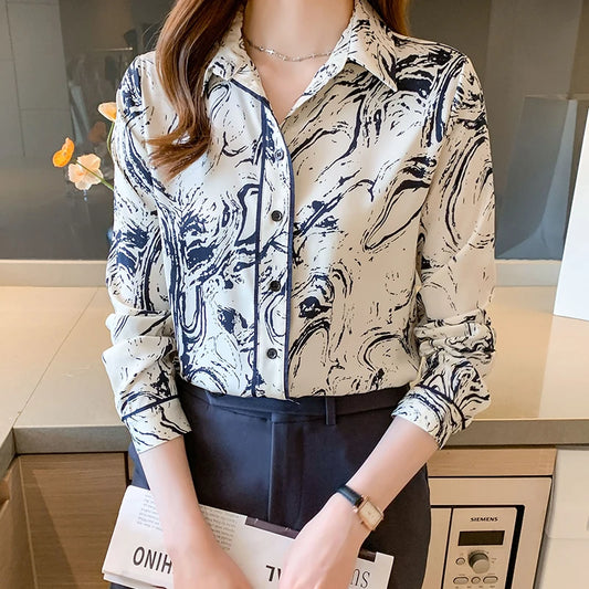 Long Sleeve Button-Down Printing Ladies Tops