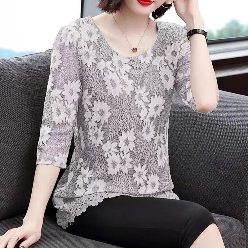 Chiffon Loose Half Sleeve O-Neck Flower Printed Blouses