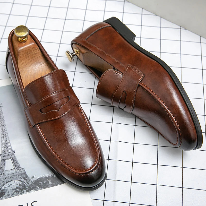 Men's Round Toe Slip On Wedding Leather Shoes