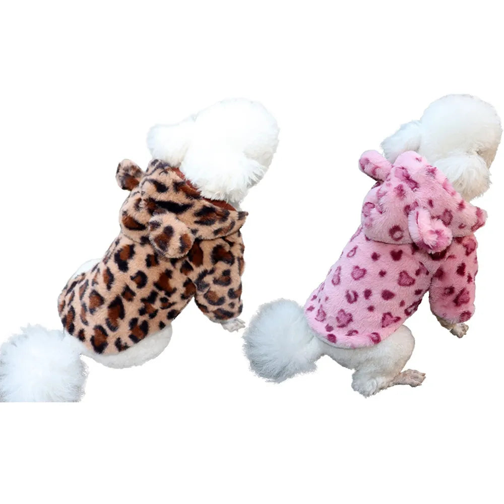Dog Clothes - Warm Fleece Dog Hoodie Leopard Coat