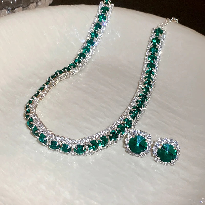 Green Zircon Necklace & Stud Earrings Set