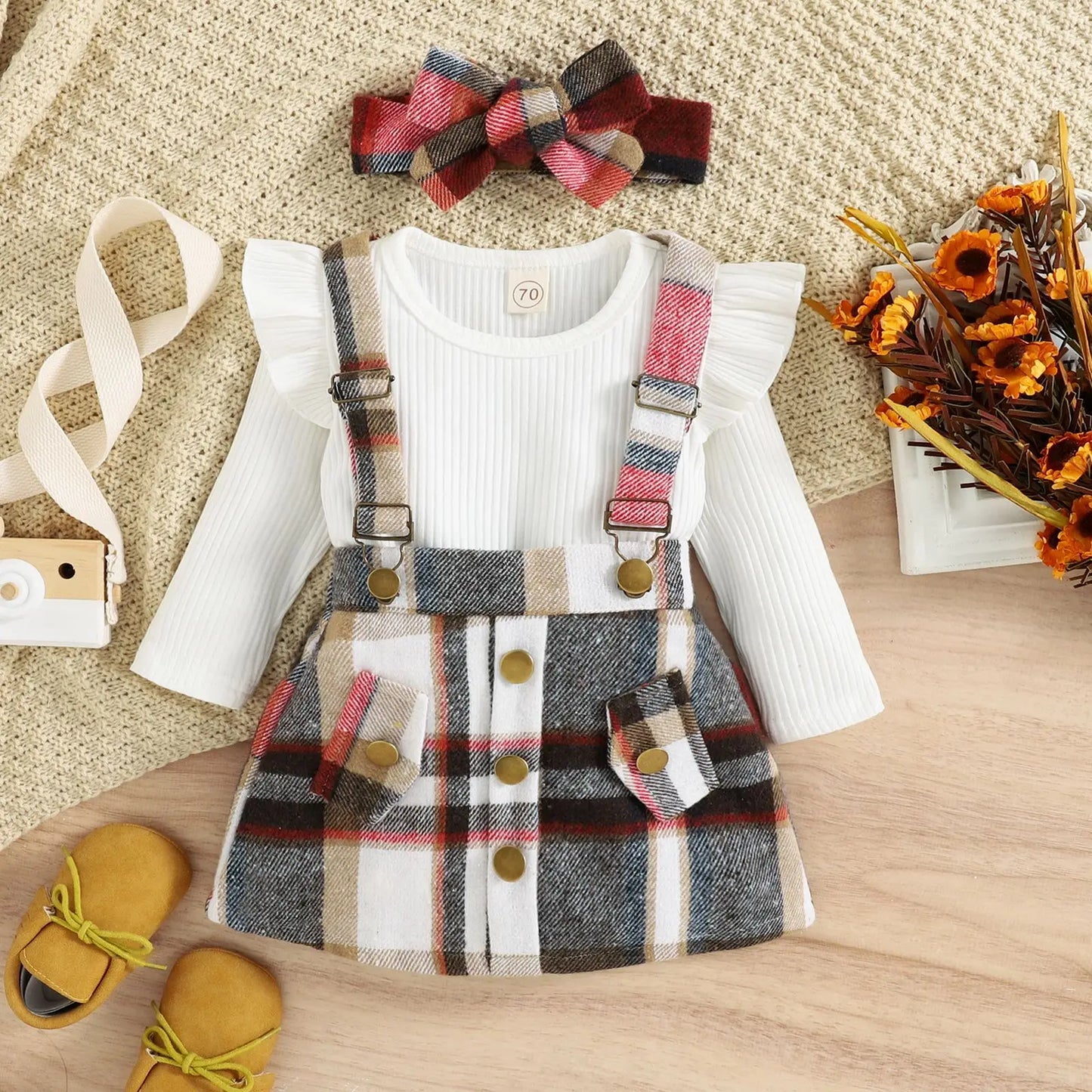 Baby Girls Rivet Plaid Long-Sleeved Dresses
