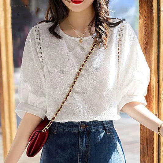 Summer Embroidery Cotton Lace O-neck Casual Blouses