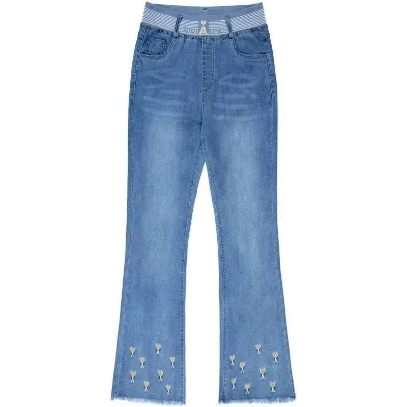 Embroidered Elastic Waist Flared Pants