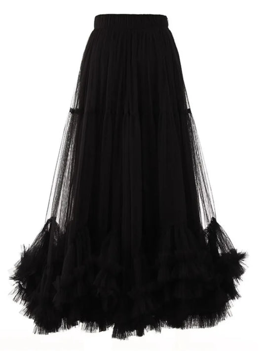 Jupe mi-longue trapèze rouge à volants, taille haute élastique