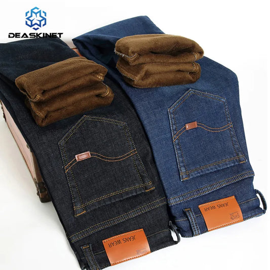 Warm Fleece-Lined Jeans Casual and Slim-Fit