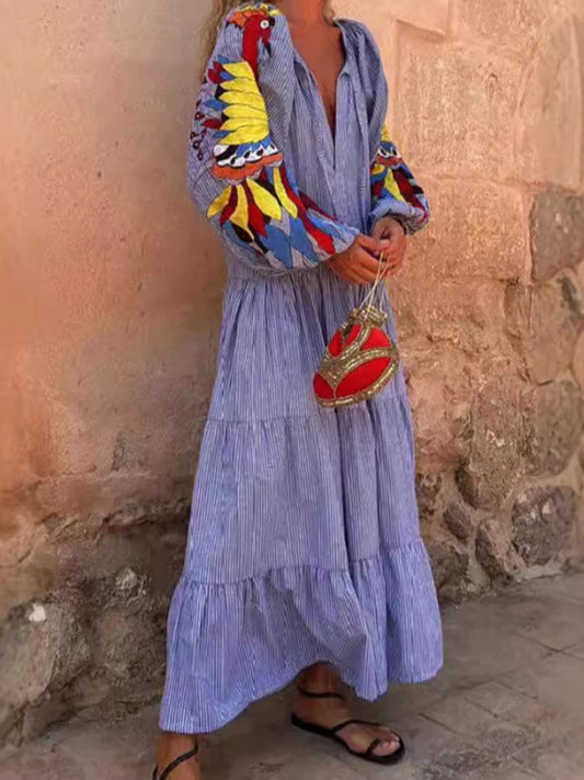 Robe imprimée à manches longues et col en V pour femmes