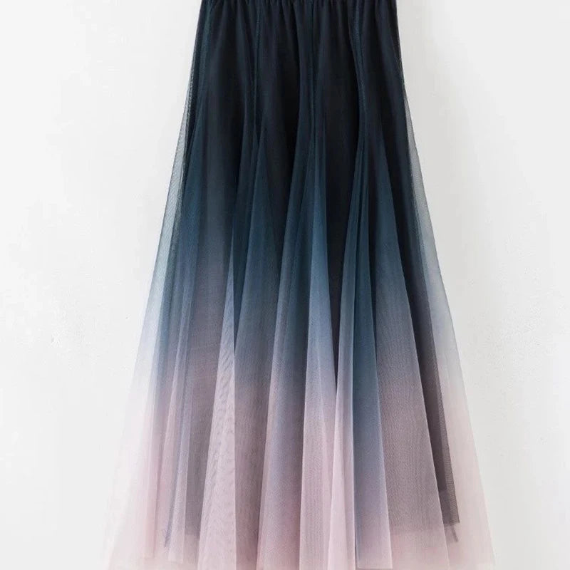 High Waist Gradient Tulle Midi Skirt