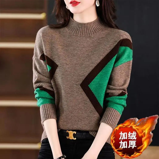 Velvet & Thickened Women's Color Block Knit Sweater