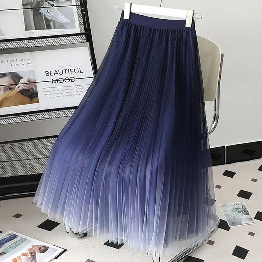 Summer Gradient Pleated Mesh Skirt