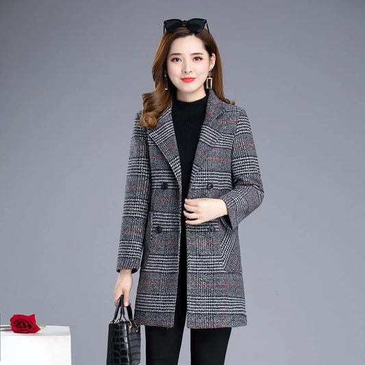 Manteau en laine mélangée à carreaux pour femme automne-hiver