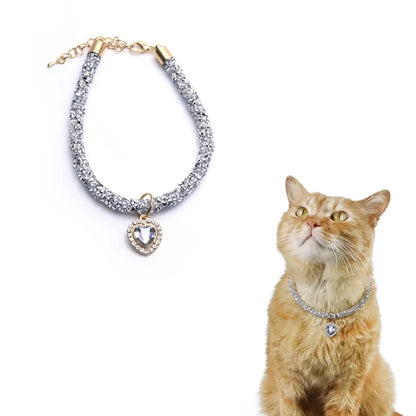 Heart Pendant Reflective Crystal Cat Collar