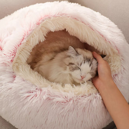 Round Long Plush Cat Bed Cave