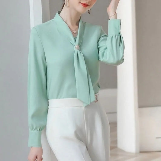 Long Sleeve Bow Tie Collar Women Tops