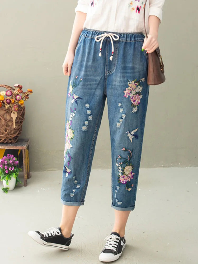 Women's Floral Loose Denim Pants