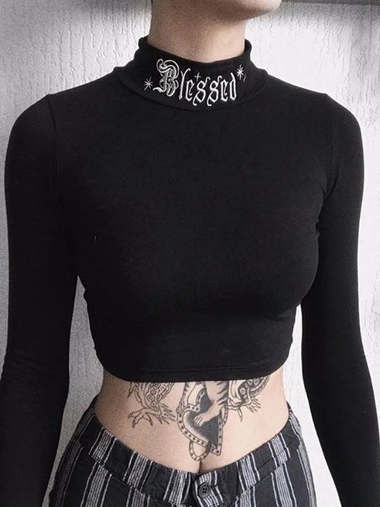 Long Sleeve Crop Letter Embroidery Tops
