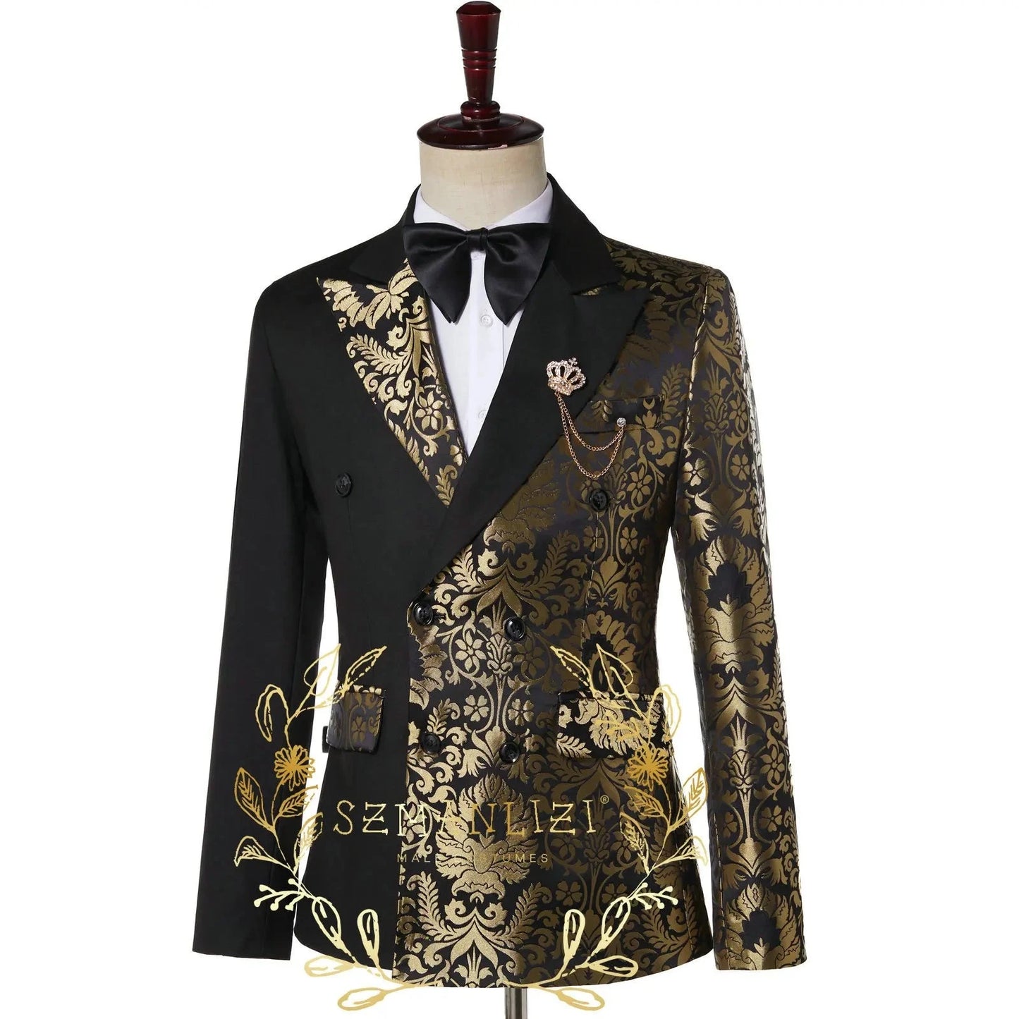 Men's Double Breasted Black Gold Jacquard Wedding Suits