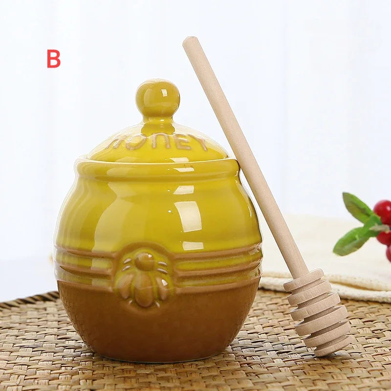 Creative Cartoon Pattern Wooden Stirring Stick Vintage Ceramic Honey Jars