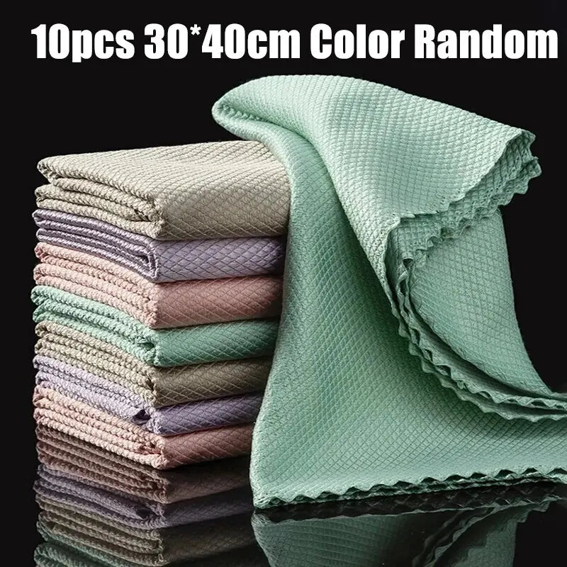 10pcs Microfiber Fish Scale Kitchen Cleaning Cloth Set