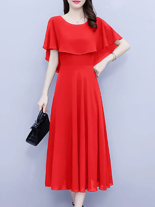 Robe mi-longue noire à volants en mousseline vintage