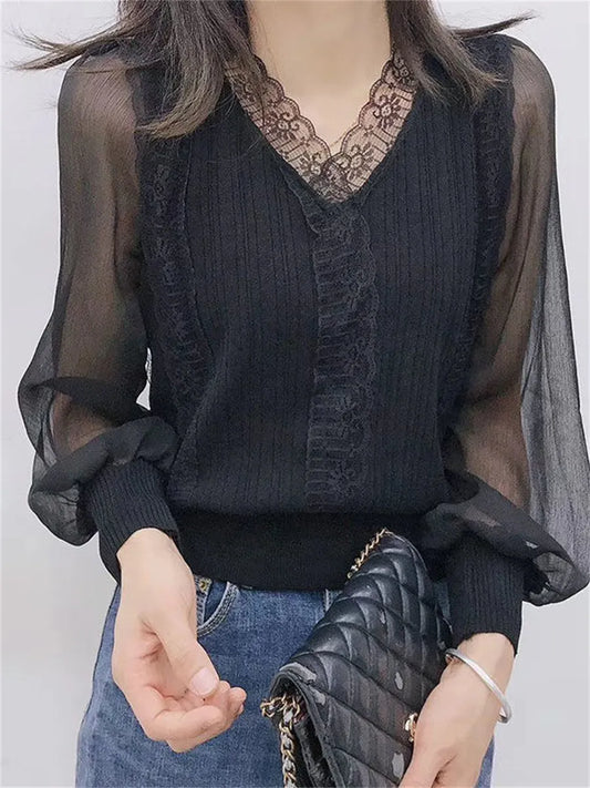 Women's Long Sleeve V-Neck Lace Blouses