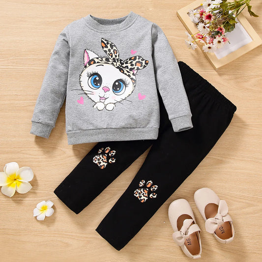 2pcs long-sleeved bow big-eyed cat print blouse + trousers