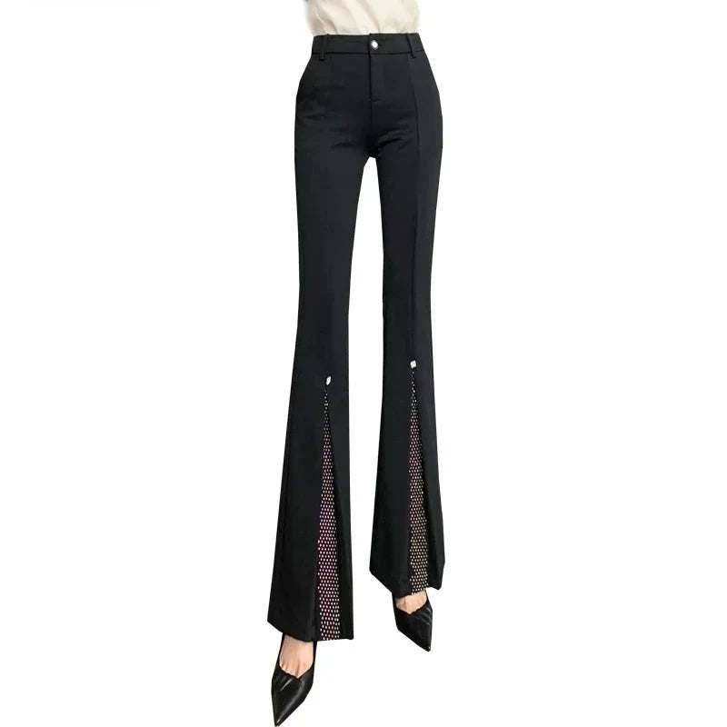 Korean Mesh Spliced High Waist Flare Pants