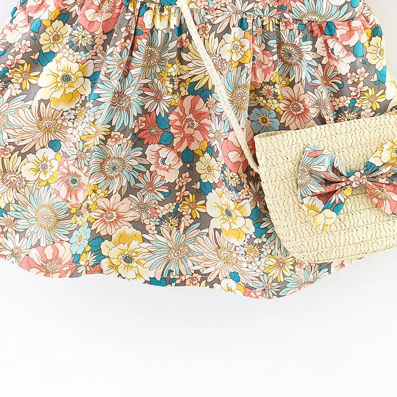 Baby Girl's Dress - Flower Flying Sleeve Dress with Straw Bag
