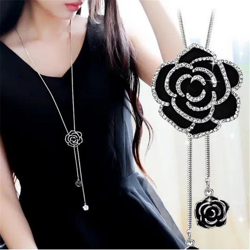 Black Rose Crystal Long Necklace
