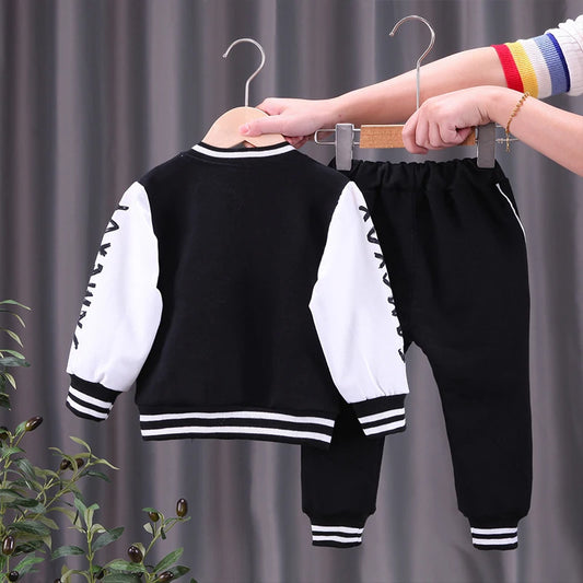 Kid's Spring Autumn Cartoon Print Baseball Coat Pants Suit