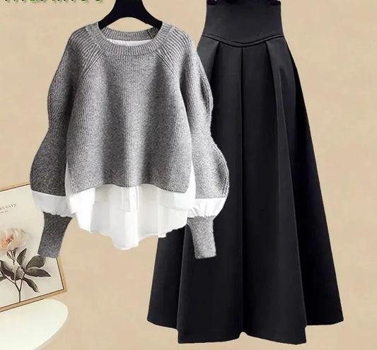 Korean Knitted Sweater Dress & Skirt Set