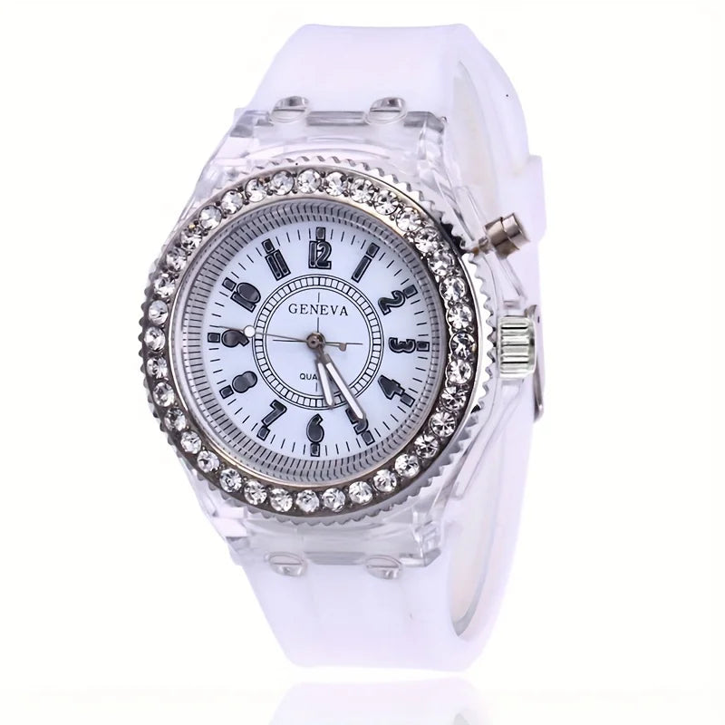 Unisex Luminous Rhinestone Silicone Strap Quartz Watches