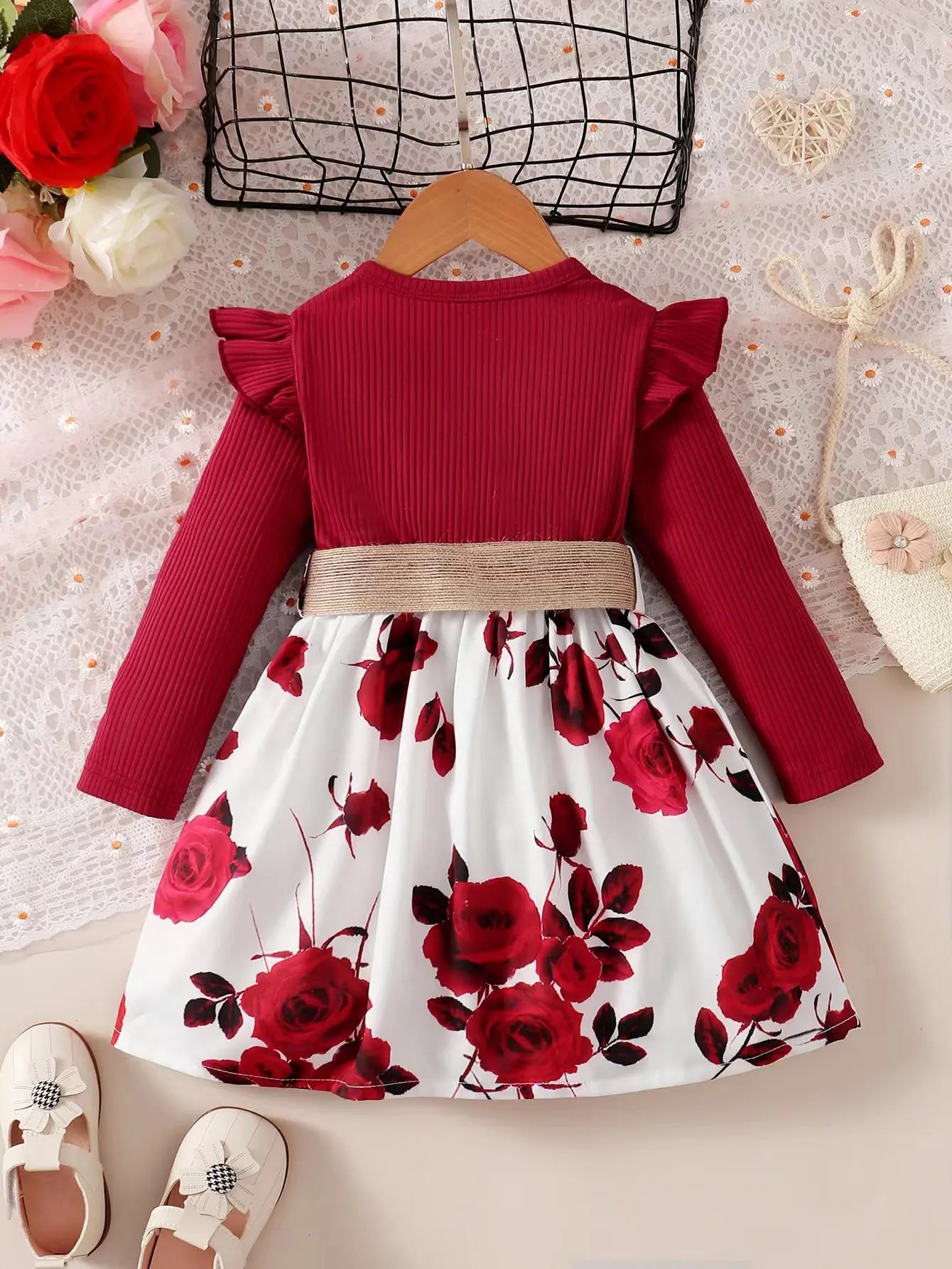 Girls Dress Red Long Sleeved Flower Skirt Party Wear Outfits