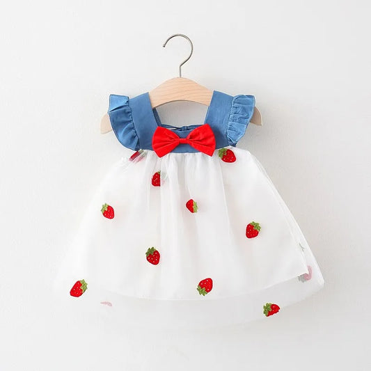 Girls' Little Flying Sleeve Dress - Embroidery Mesh Dress