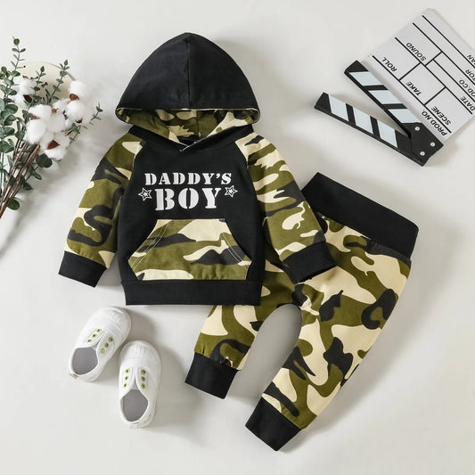 Baby Boys Letter Print Hooded Long Sleeve Top + Trousers