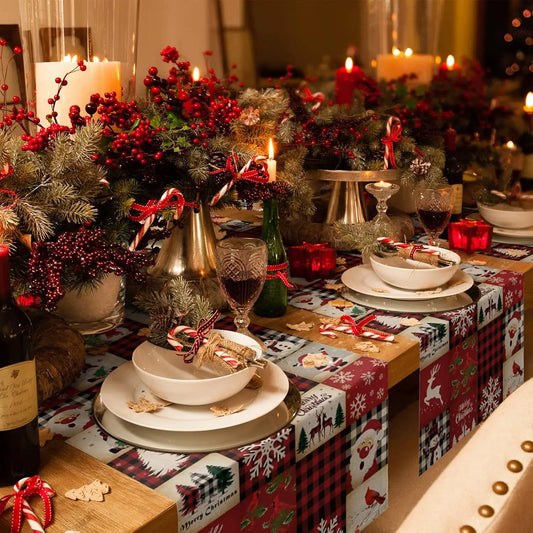 Tischläufer aus Leinen mit Schneemann-Motiv, rot kariert