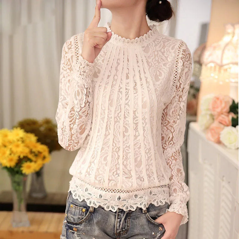 Long Sleeve O-neck Summer Office Lace Tops