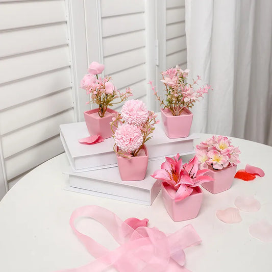 5PCS, Mini Pink Artificial Flower Potted Plant, Indoor Desktop Shelf Decoration