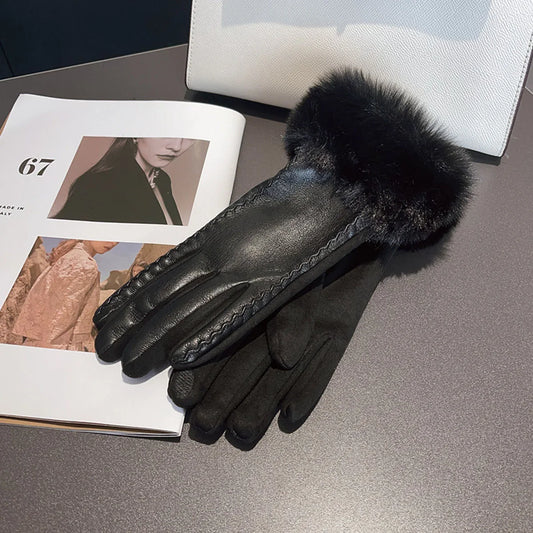 Womens PU Leather Winter Gloves