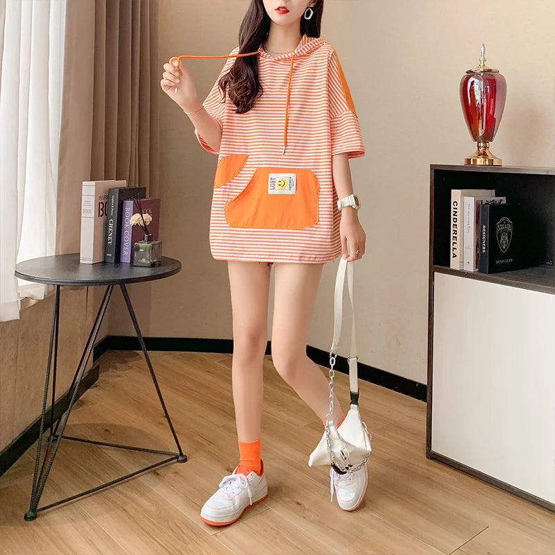 Women's Spliced Color Hooded T-Shirt