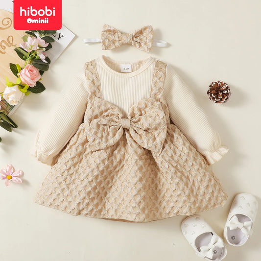 2 Pieces Baby Sweet Solid Color Long Sleeve Dress with Headband